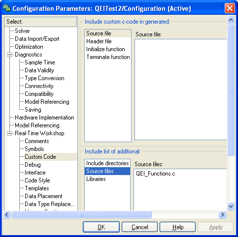 The external C file added must be declared in the Configuration Parameters dialog.<br />Additional .h definition file are declared in the .c file
