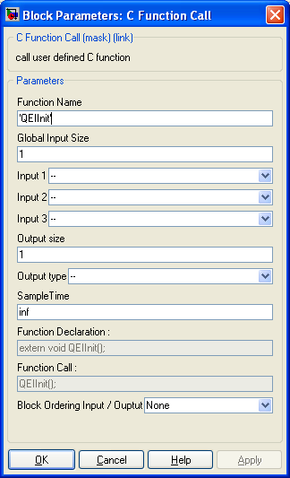 Dialog box of C call function for the QEIInit function. QEIInit function must be called only once at the initialisation. Defining sample time to 'inf' make the function to be called only once at startup