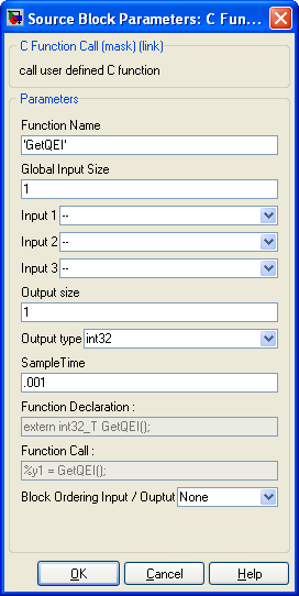 Dialog box of C call function for the GetQEI function. This function return the angular position, using the global variable modified by the QEI interrupt function